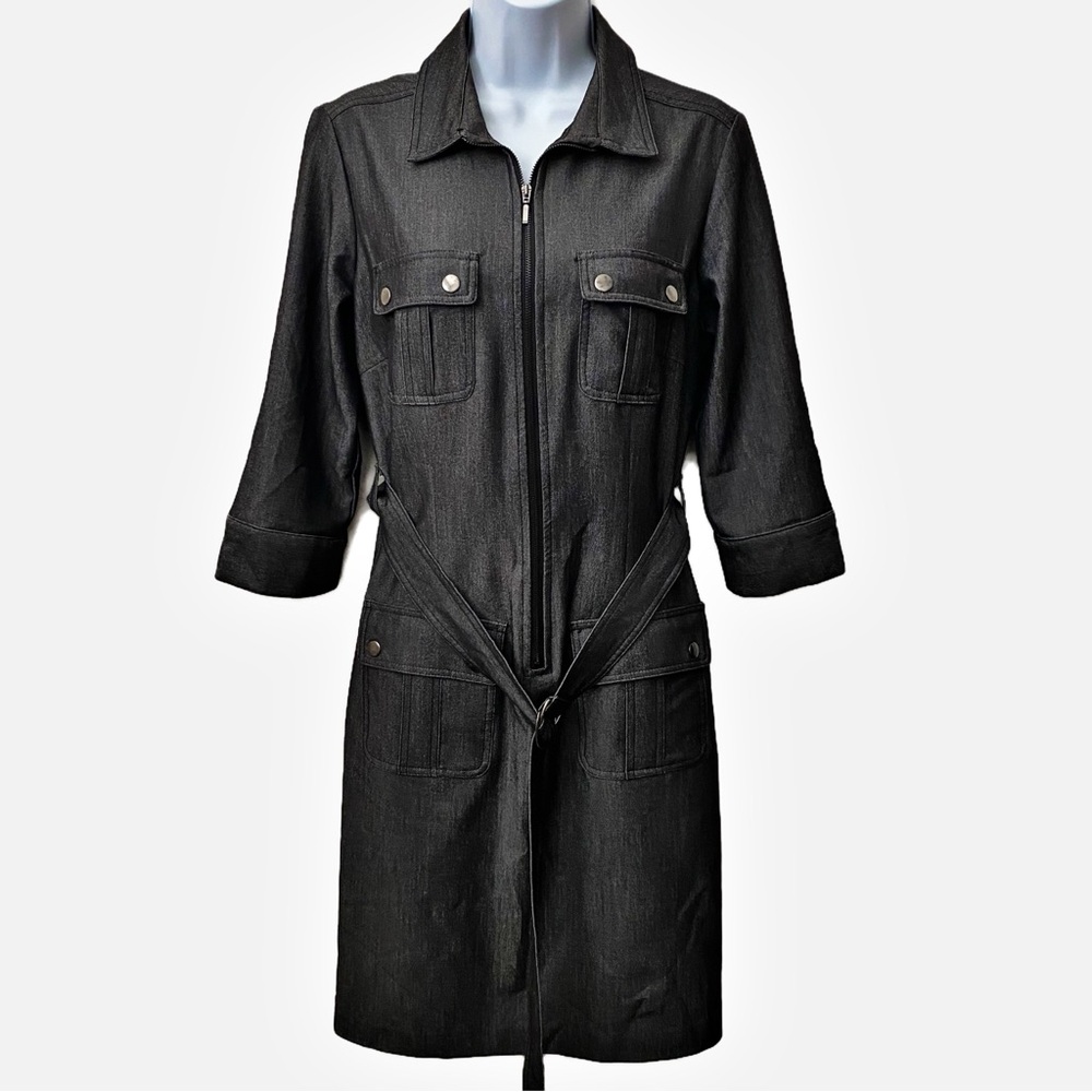 Sharagano, Charcoal Grey Utility Style Shirtdress 3/4 Sleeve Tab Knee Length